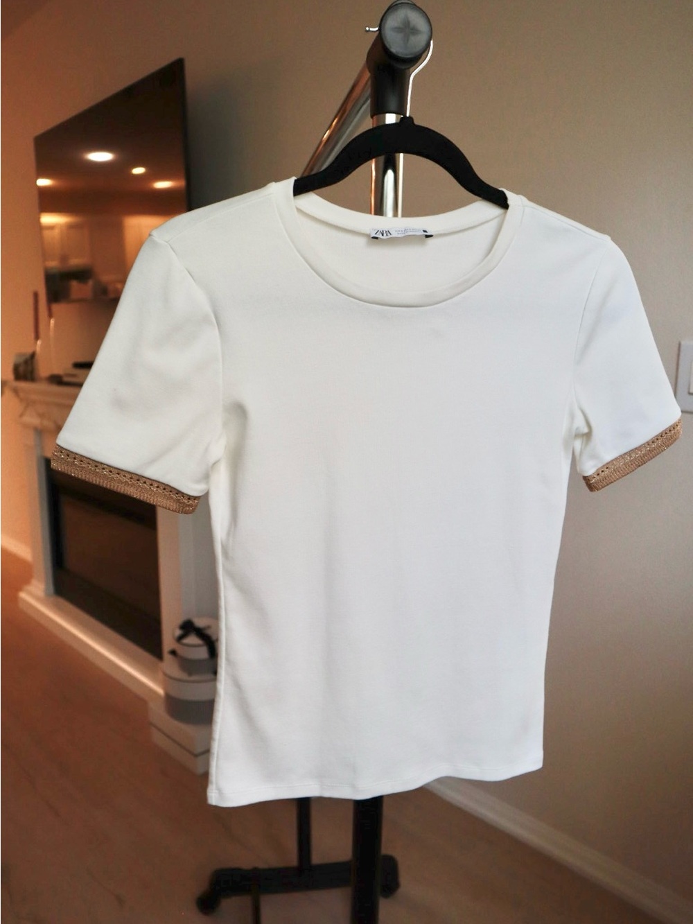 Zara Top with Knit Gold-Trim Sleeves